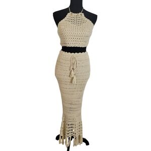 Mable Cream Crochet 2 Piece Set Halter Crop Top Fringe Maxi Skirt Small Resort